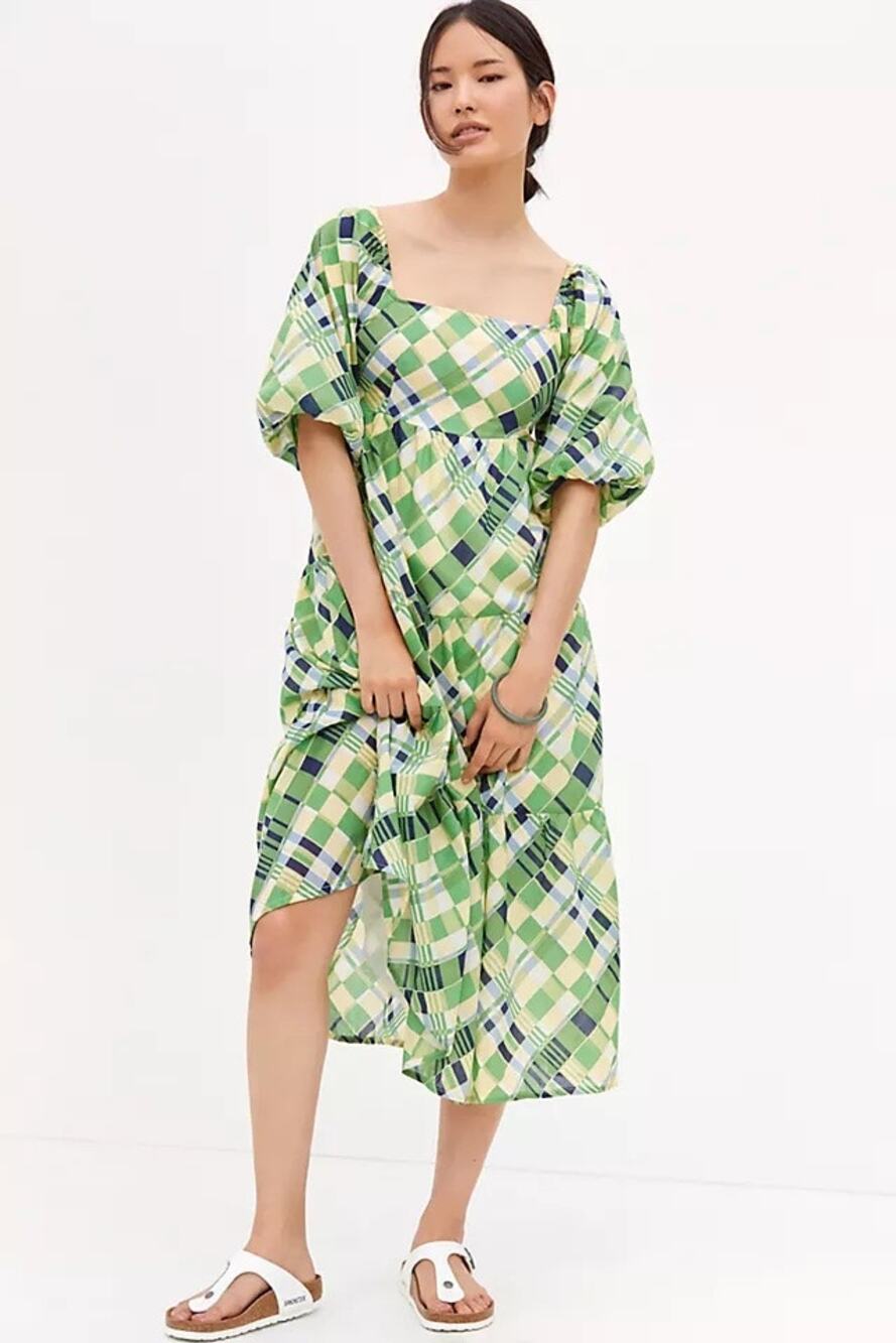 Faithful the Brand Green Plaid Tiered Maxi Dress Cottagecore Puff Sleeve Smocked